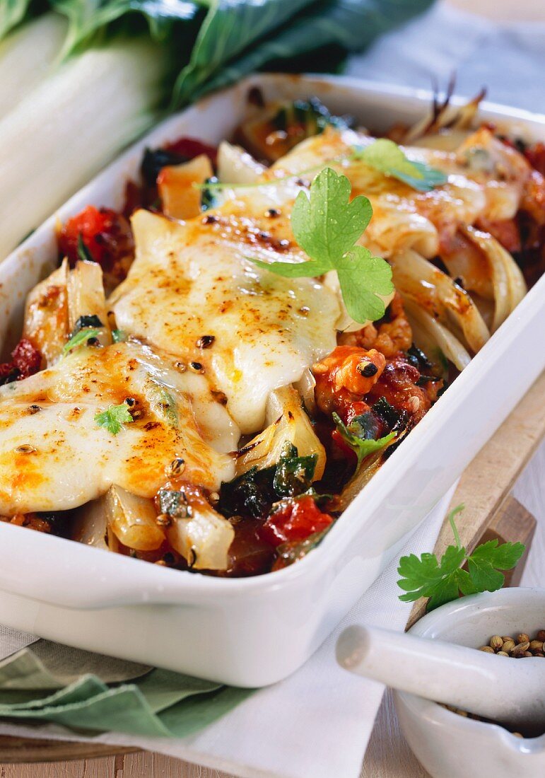 Chard bake with tomatoes, bacon and mozzarella