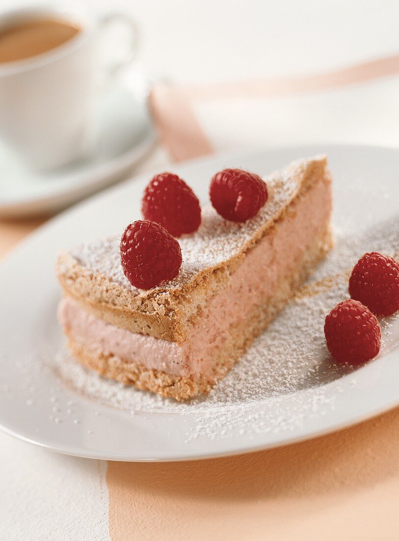 A piece of buckwheat cake with raspberry mousse