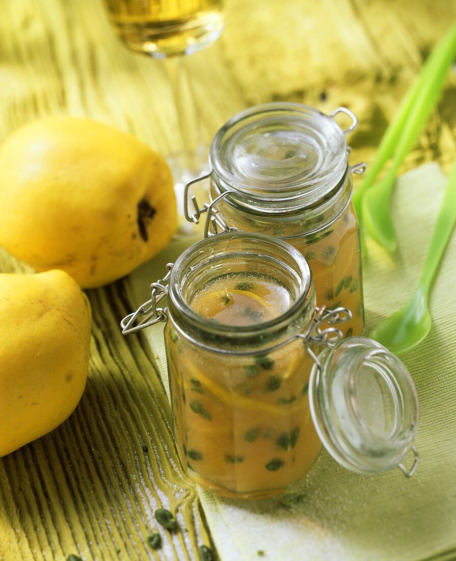 Quince jelly with Riesling & pistachios in preserving jars