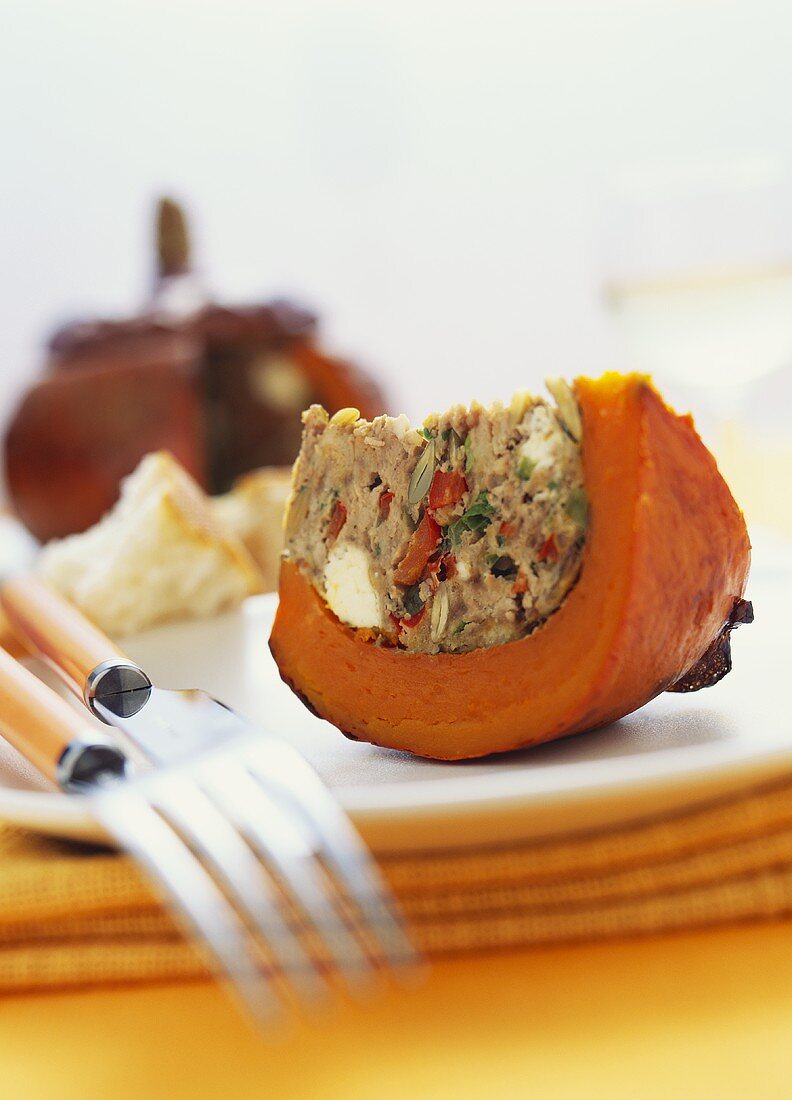 A piece of squash with mince stuffing