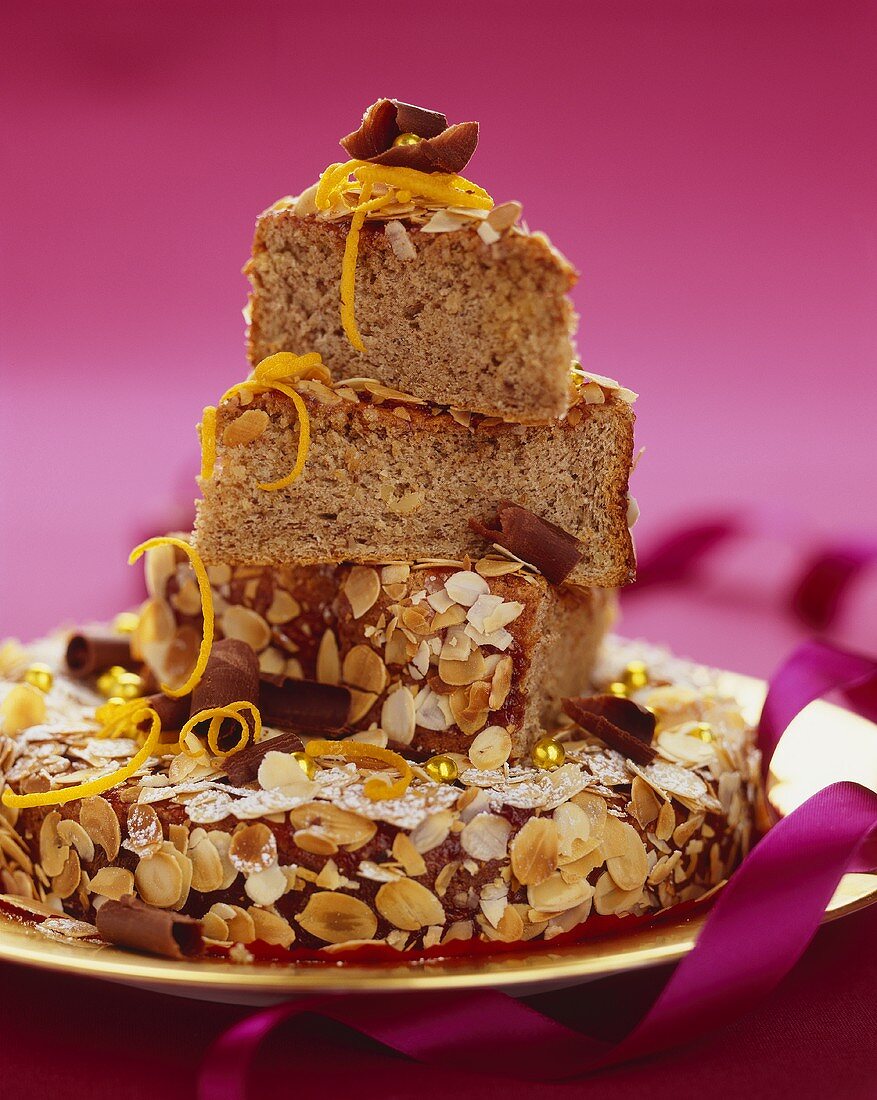 Almond gateau in festive arrangement