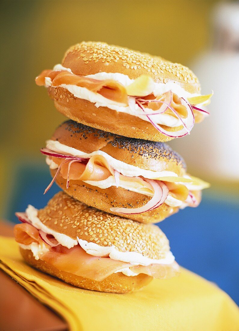 Sesame and poppy seed bagels with salmon slices