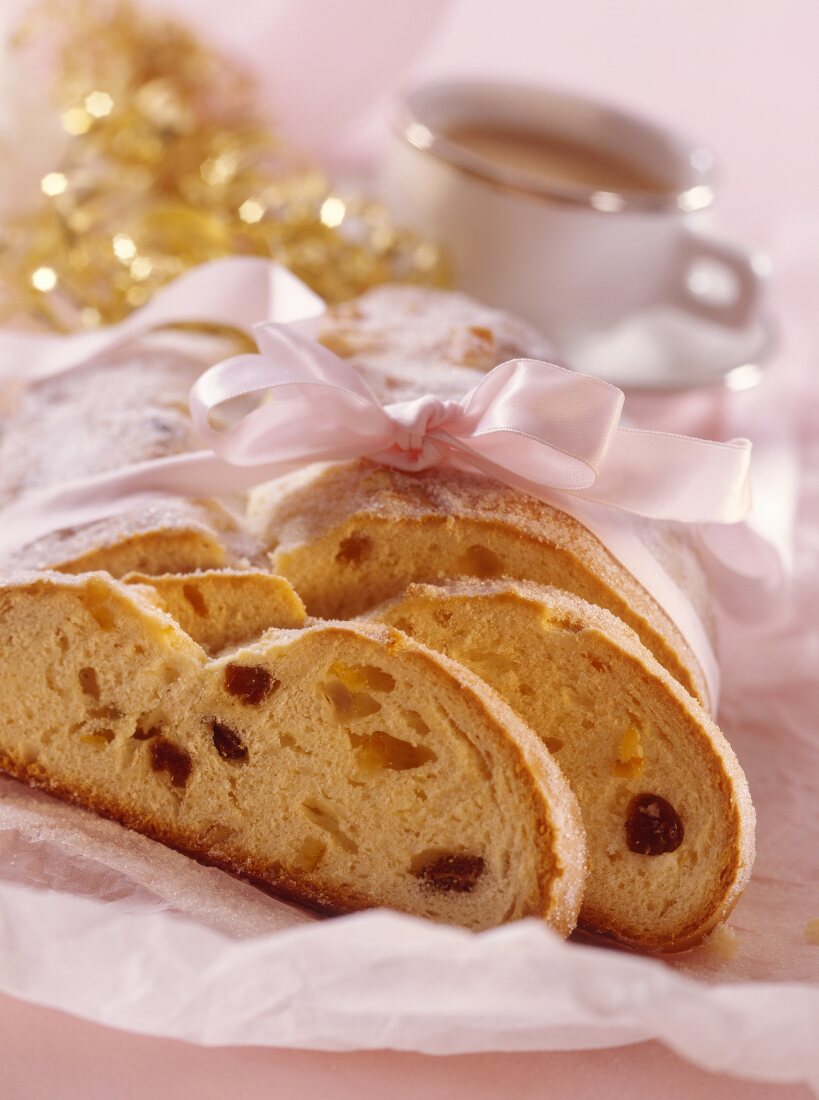 Butter stollen with candied orange & lemon peel & raisins