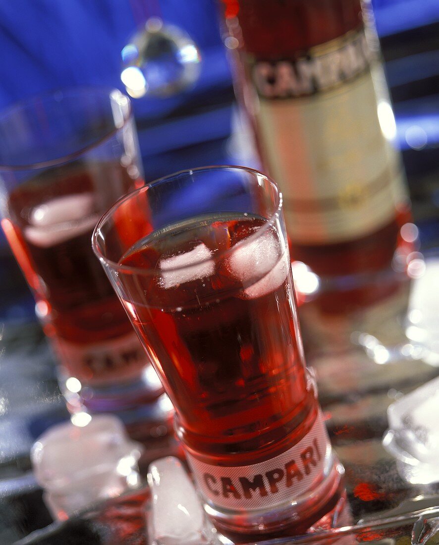Campari with soda and ice cubes