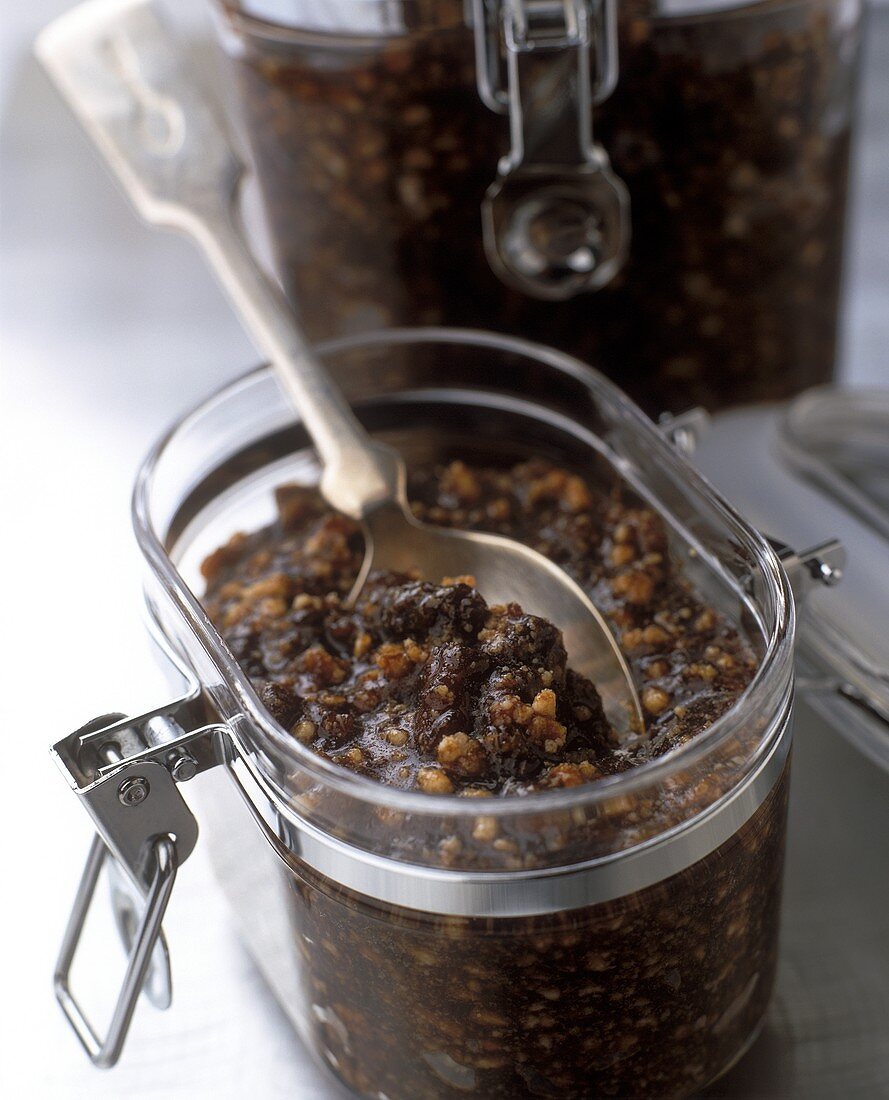 Mincemeat (spiced dried fruit mixture) in jars