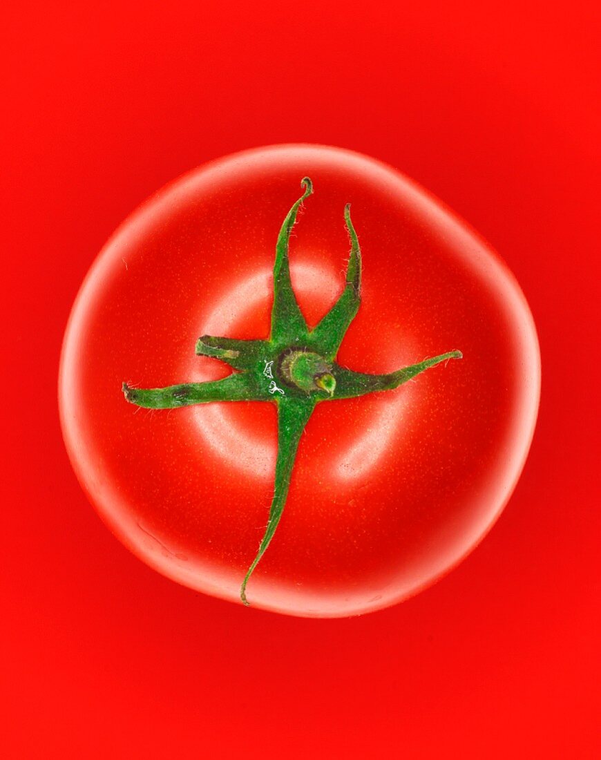 A tomato on red background (from above)