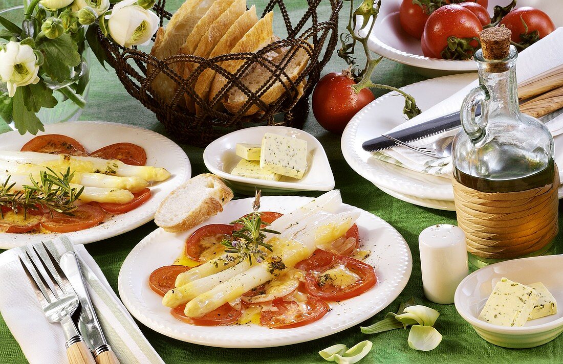 White asparagus on tomato carpaccio