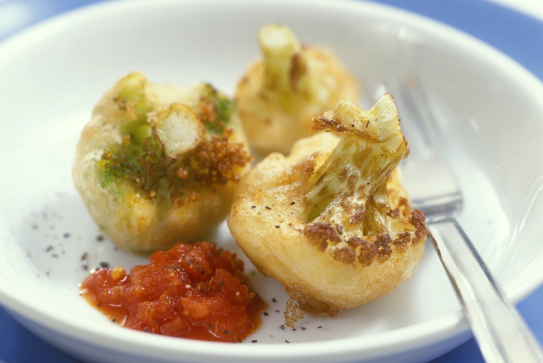 Frittierte Blumenkohl- und Broccoliröschen mit Tomatendip