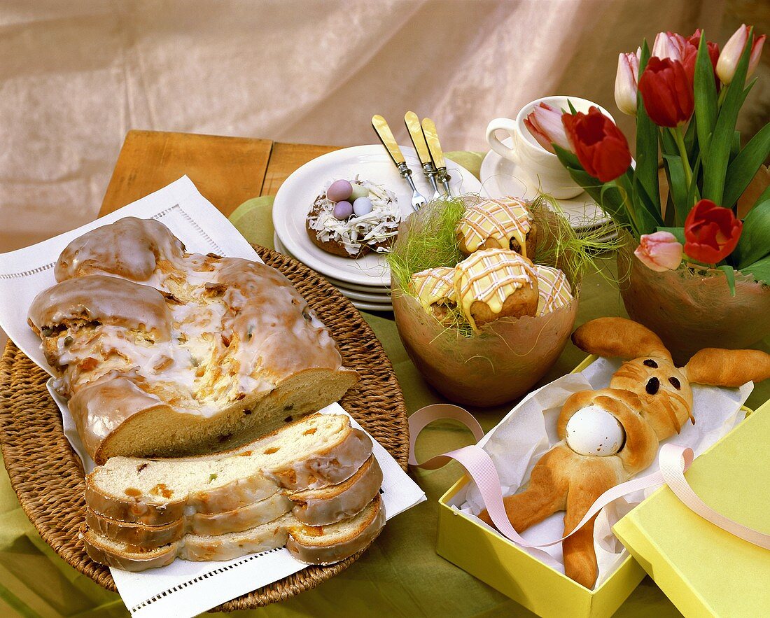 Assorted baked goods for Easter in yeast dough