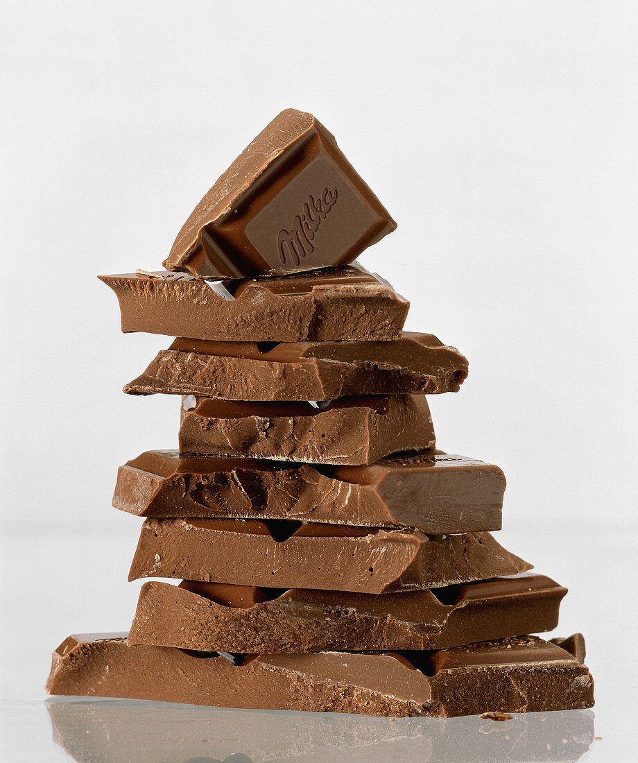 Pieces of Milka chocolate in a pile
