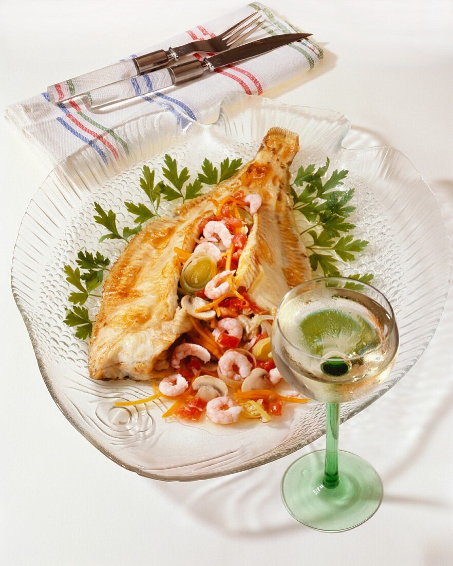 Plaice with vegetable & shrimp stuffing & a glass of wine