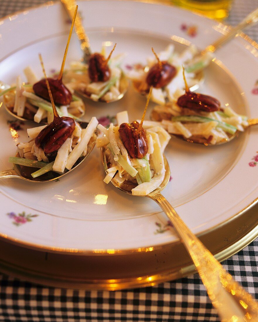 Appetiser: Waldorf salad on festive spoons