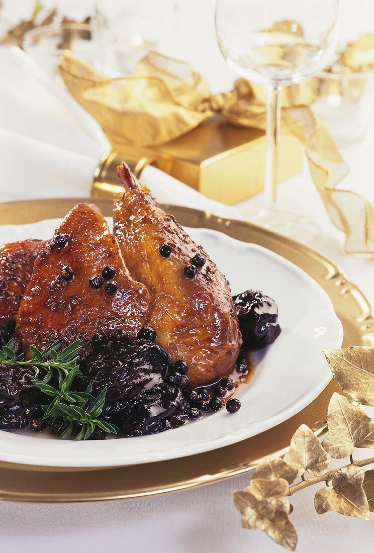 Roast duck with plums and juniper berries