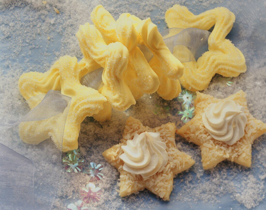 Meringue stars and two coconut stars with meringue rosettes