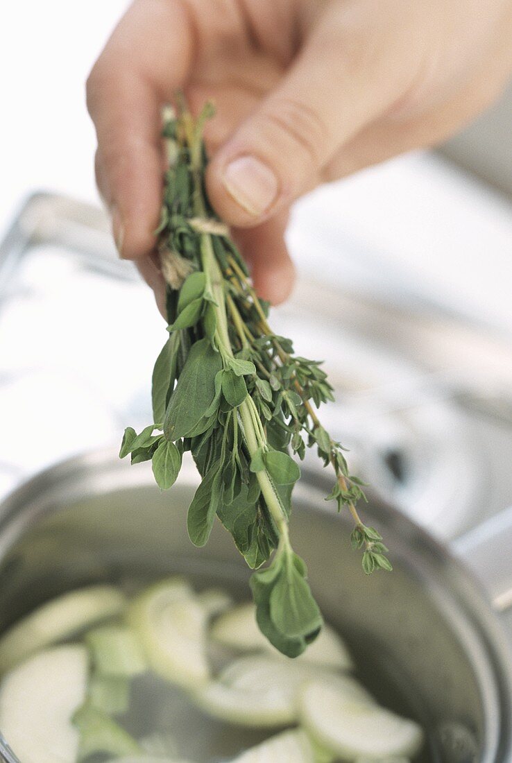 Kräuter in die Suppe geben