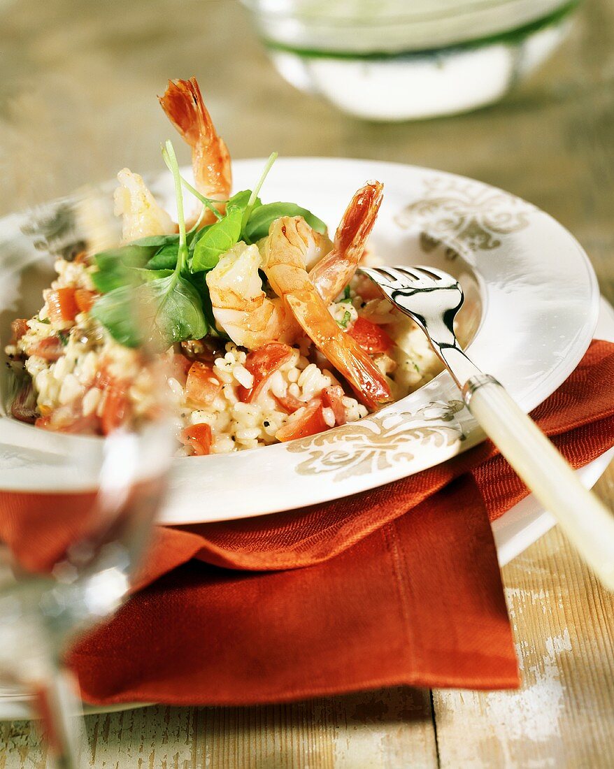 Tomato risotto with jumbo prawns