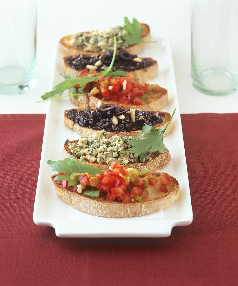Crostini (Toasted bread with various toppings, Italy)