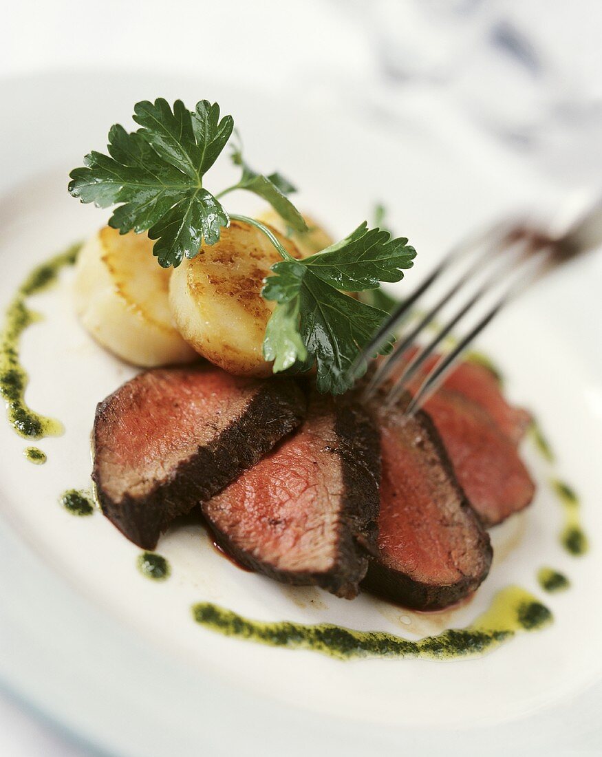 Venison fillet with fried scallops