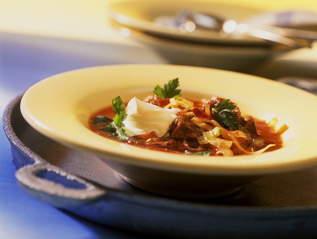 Ukrainian bortsch (beetroot soup with cabbage & beef)