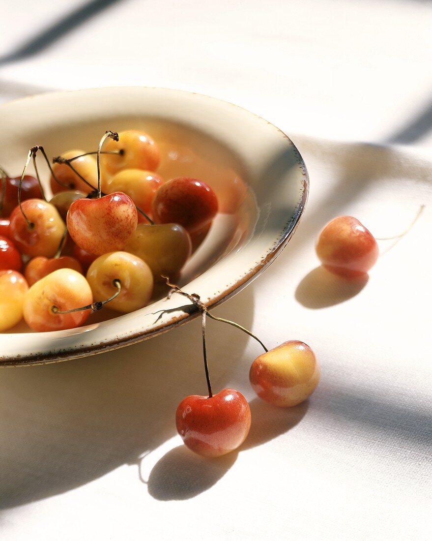 Yellowy-red cherries on and beside a plate