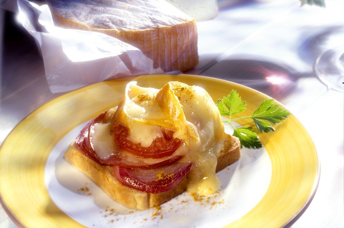 Ham and onion on toast with toasted Camembert topping