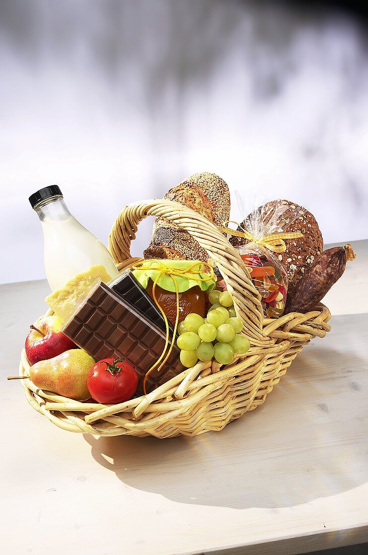 A basket filled with various foods