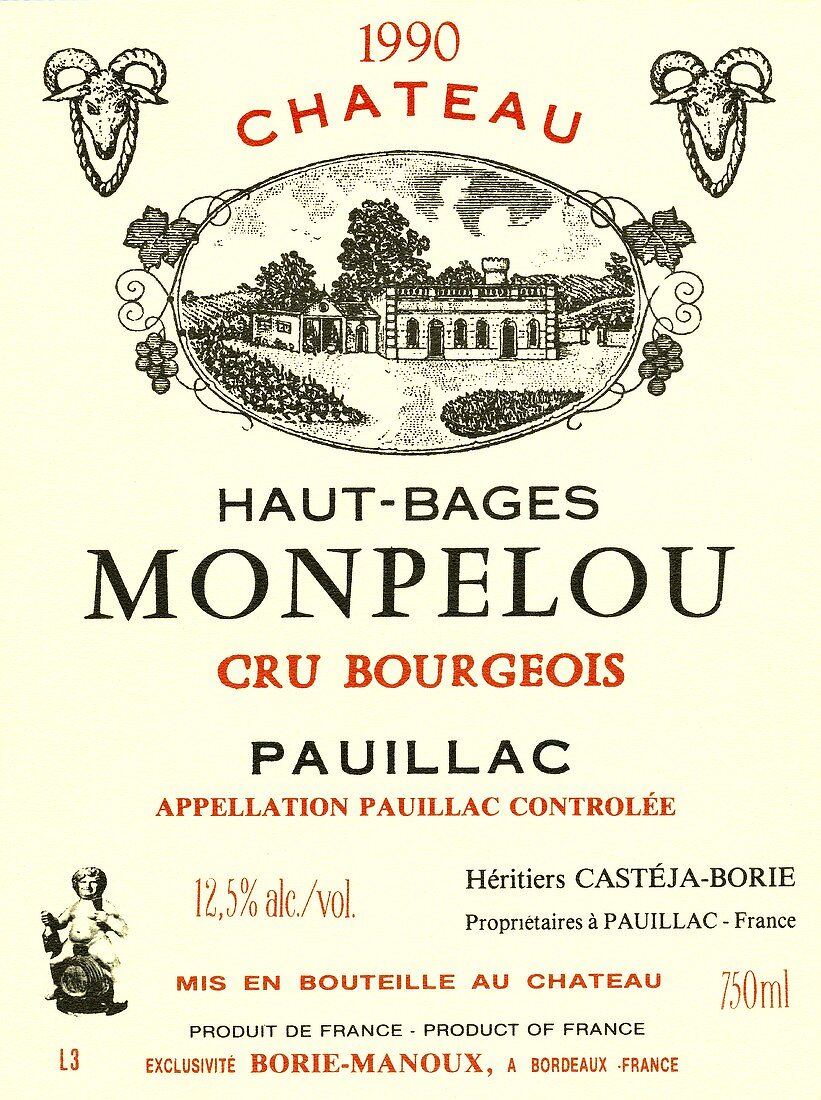 Weinetikett von Château Haut-Bages Monpelou 1990, Bordeaux