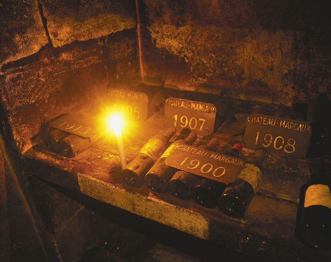 Old Bordeaux bottles (Château Margaux) in wine cellar