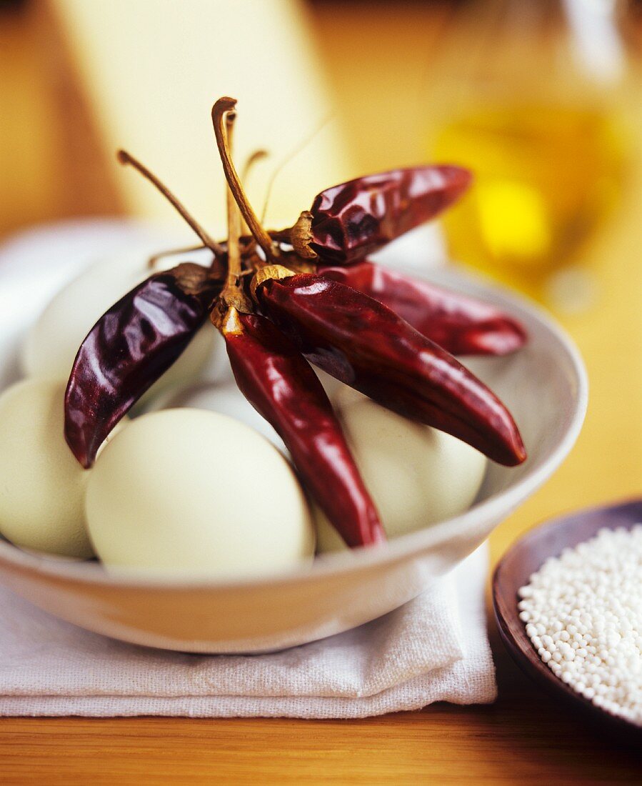 Eggs and dried chili peppers