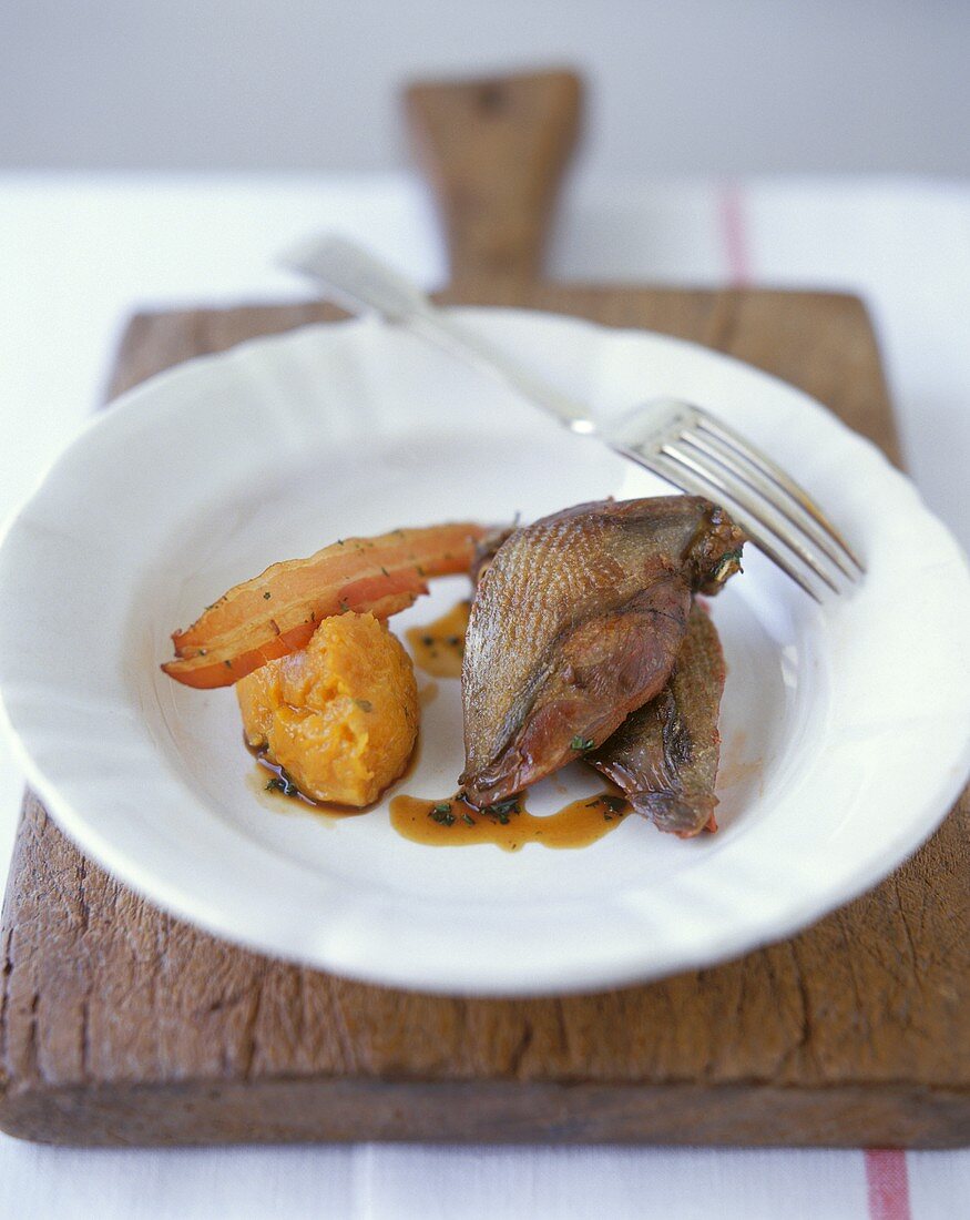 Roast pigeon with mashed sweet potato and pancetta 