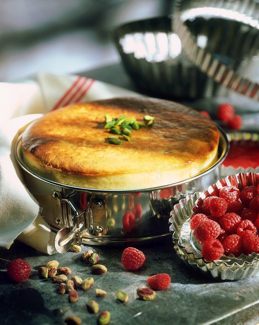 Quark souffle with raspberries and pistachios