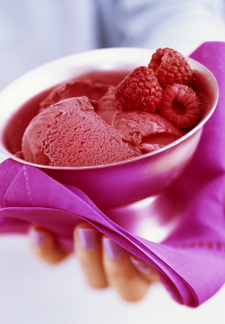 Hand holding raspberry sorbet in ice cream cup