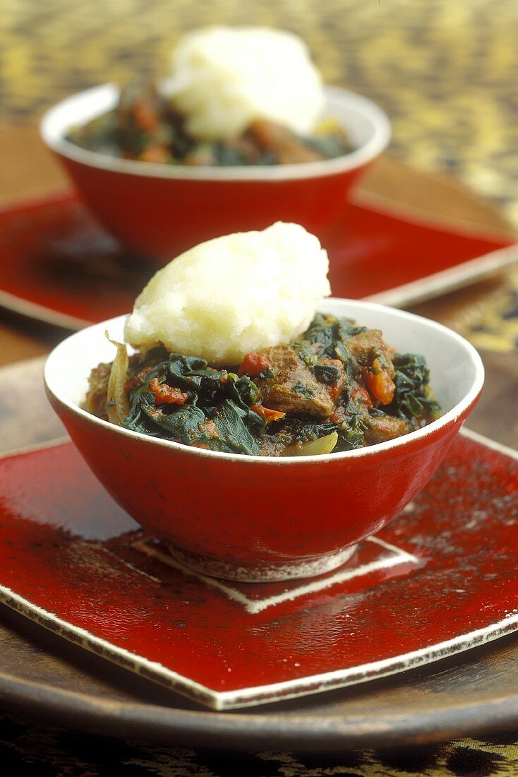 Fufu (Knollenbrei aus Afrika) mit Lamm und Spinat