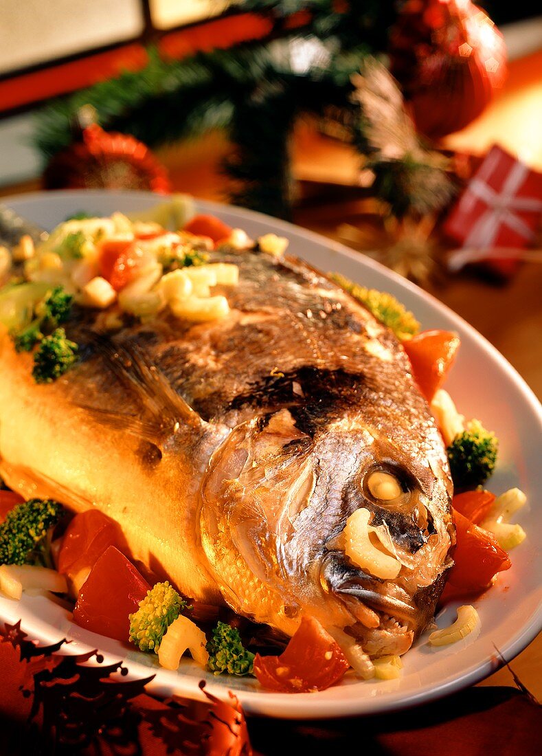 Bream on bed of vegetables