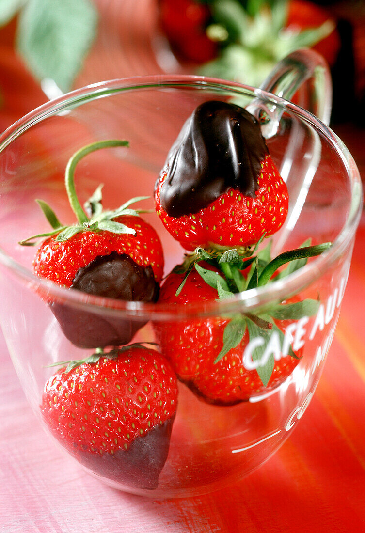Frische, in Schokolade getauchte Erdbeeren im Glas