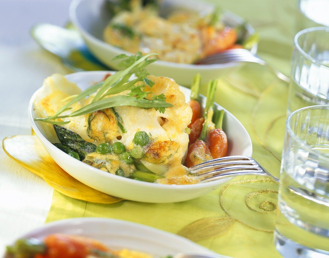 Spring vegetable gratin with herb sabayon