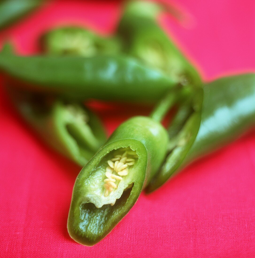 Green chili peppers, halved