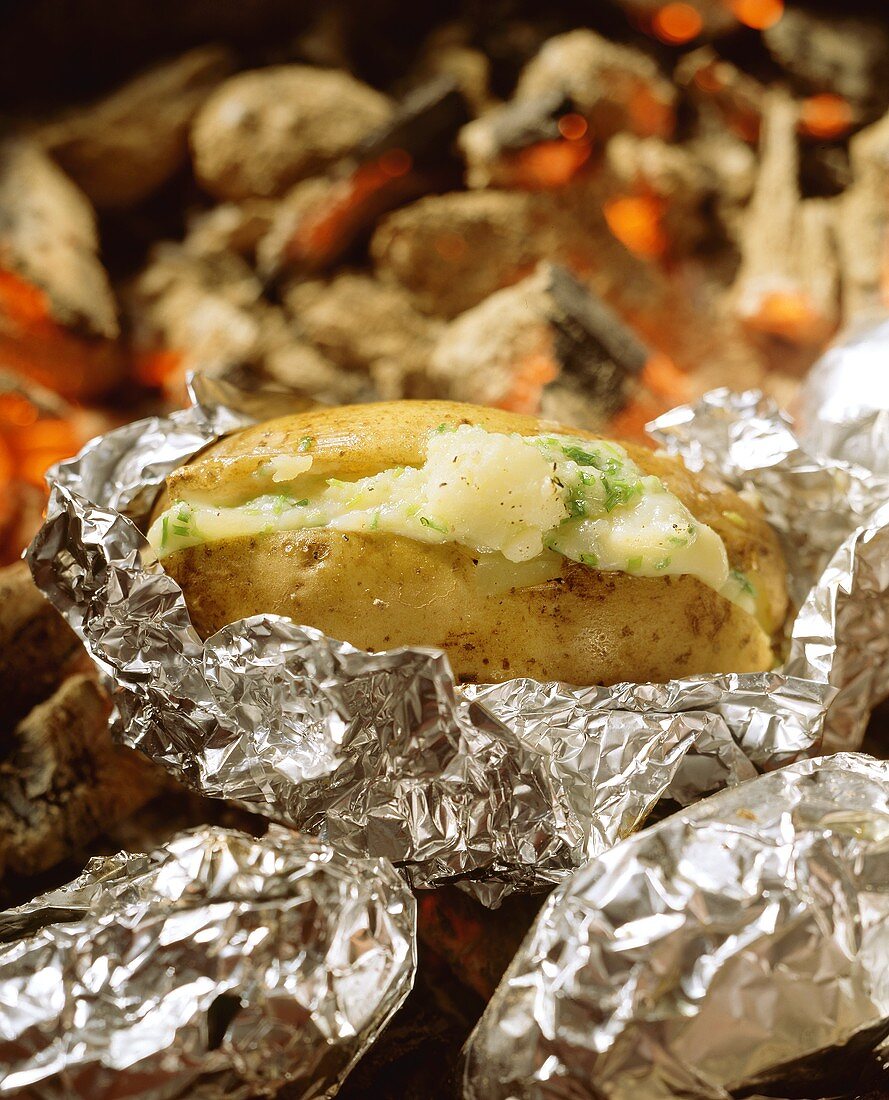 Baked potatoes with cheese filling on glowing charcoal