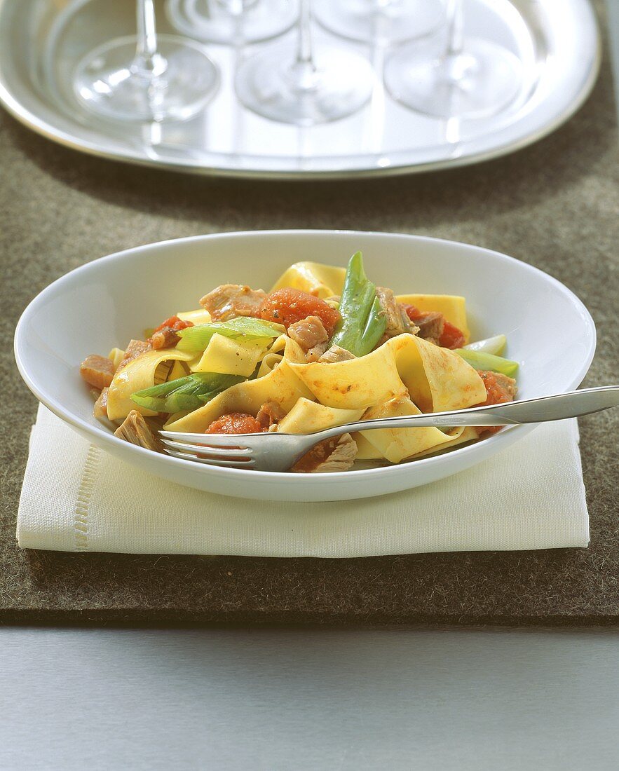 Ribbon pasta with tuna and vegetable ragout