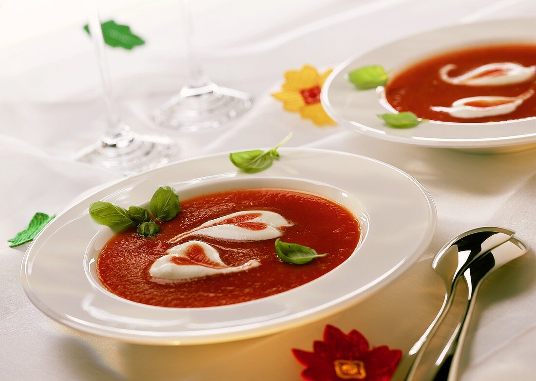 Tomato soup with crème fraiche and basil for lovers
