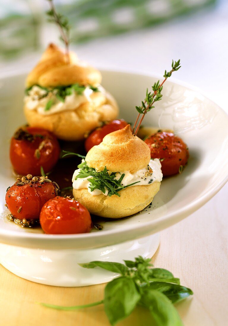 Savoury cream puff with cheese filling & marinated tomatoes