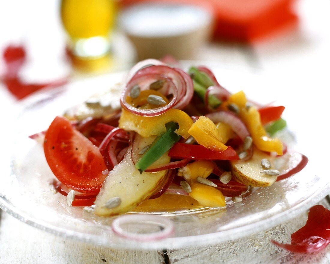 Bunter Salat mit roten Zwiebeln, Paprika, Äpfeln & Tomaten