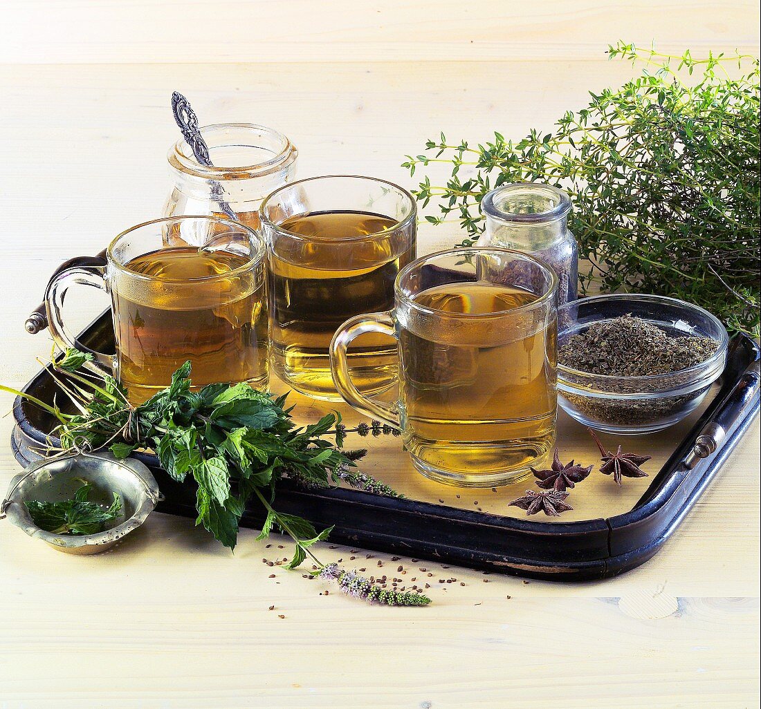 Various medicinal teas on tray