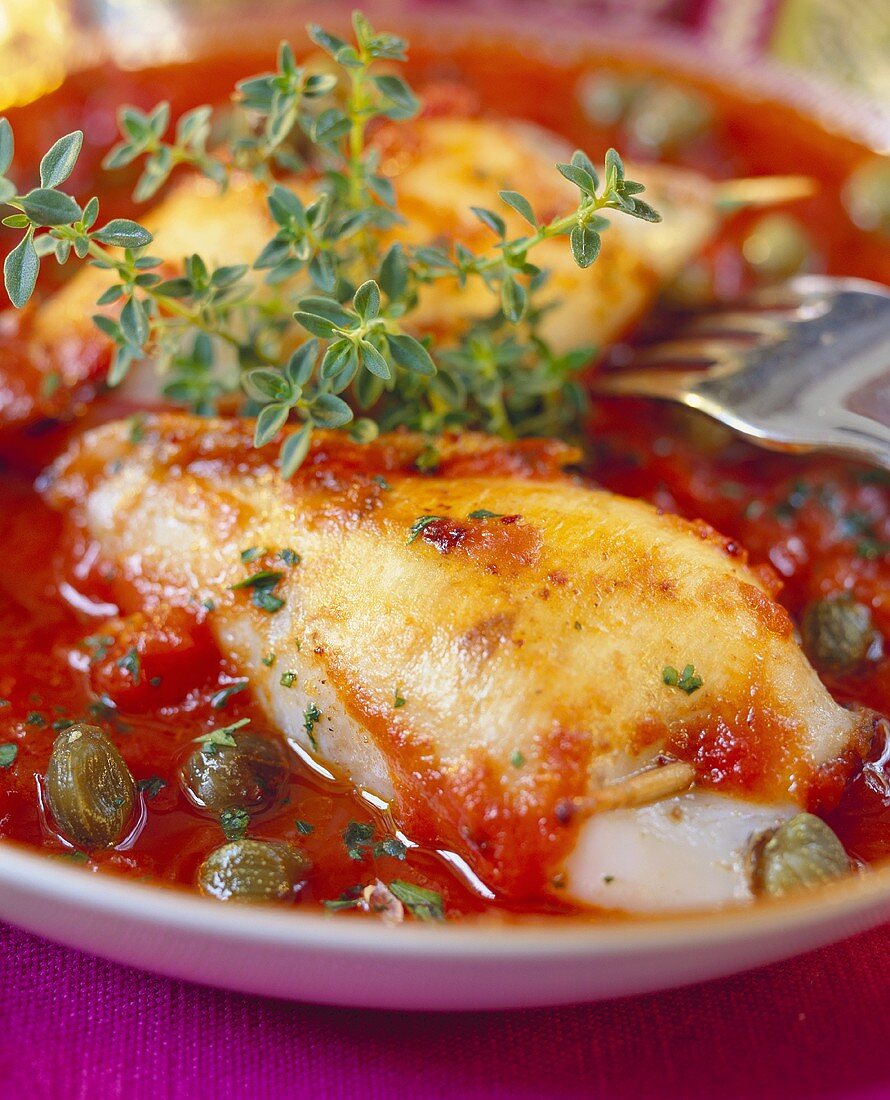 Stuffed cuttlefish on tomato and caper sauce