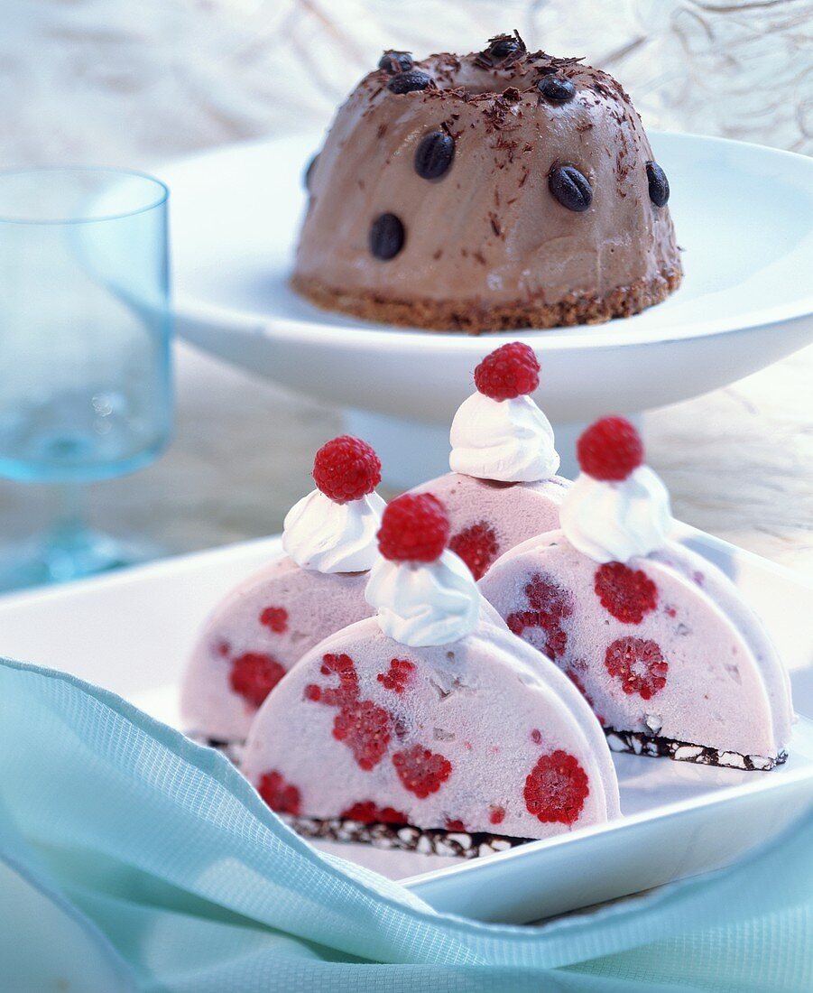 Four slices of raspberry iced bombe & ice cream gugelhupf