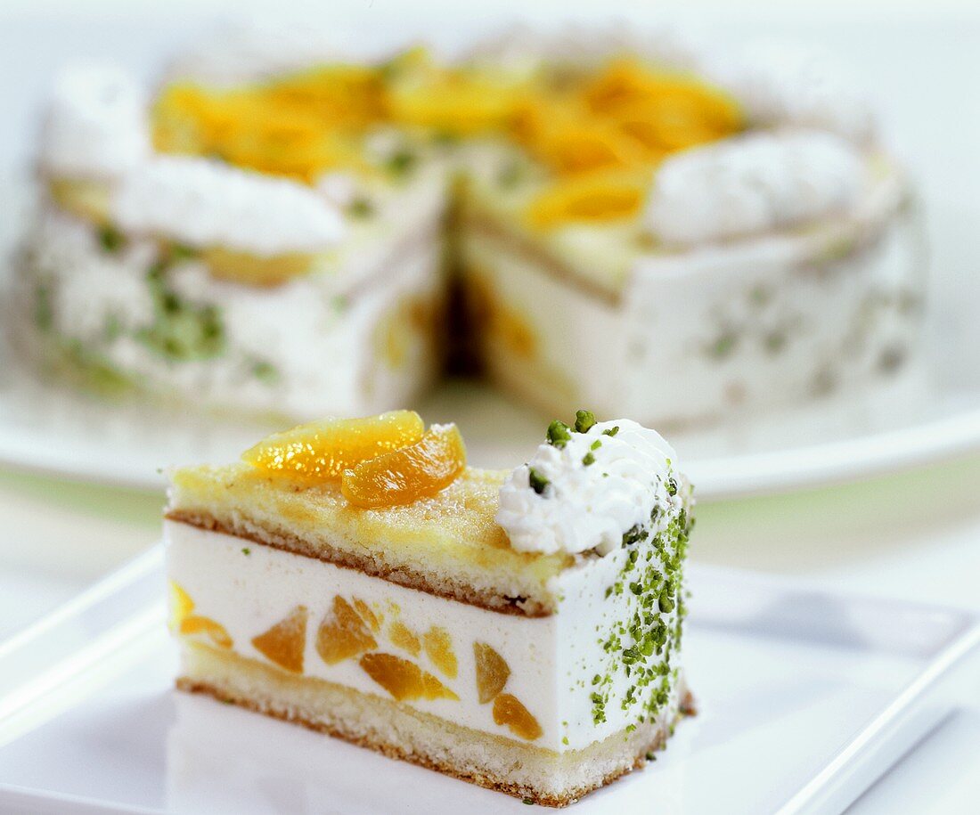 Piece of Wachau apricot gateau in front of cake with piece cut