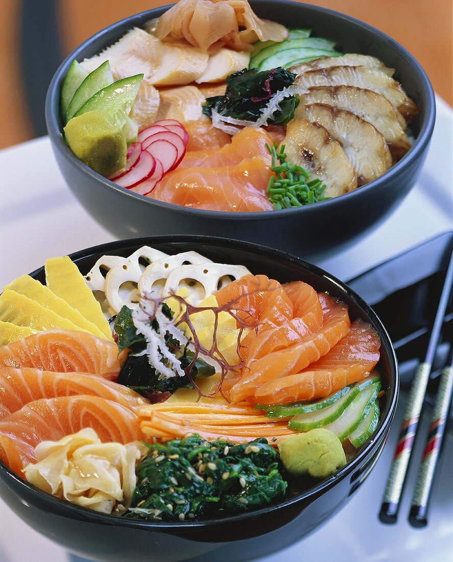 Chirashi-sushi with salmon and with smoked fish