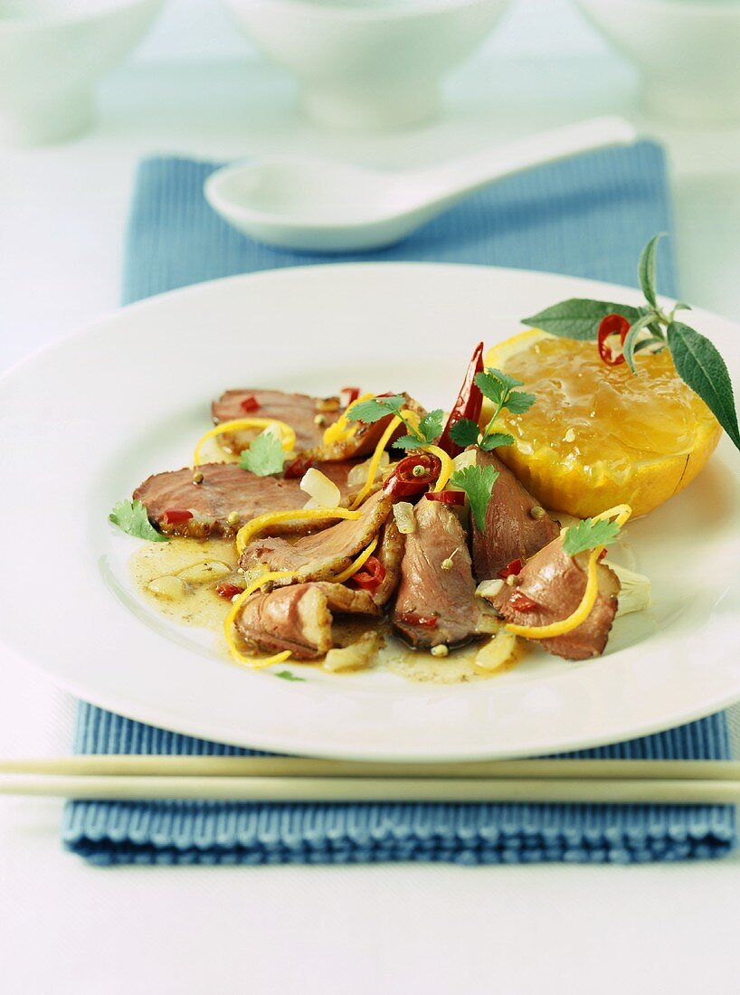 Duck breast in plum wine and orange sauce