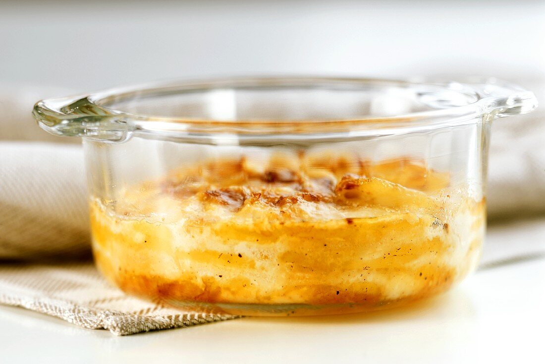 Potato gratin in a glass dish