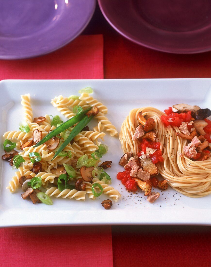 Fusilli 'Trifolati'; Spaghetti mit Thunfisch, Pilzen, Tomaten